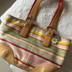 Coach Multicolored Tote Bag W/ Silver Buckles & Red Inside